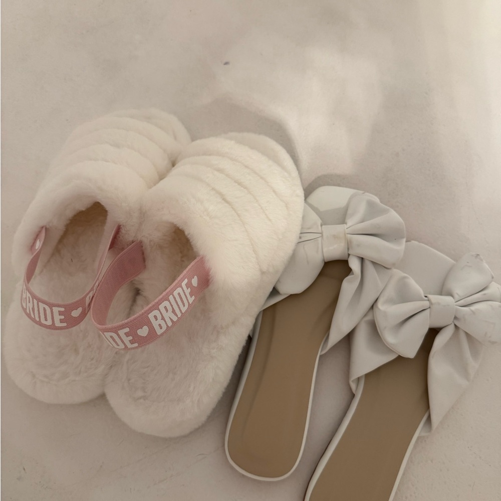 Women's White and Pink Bridal Slippers